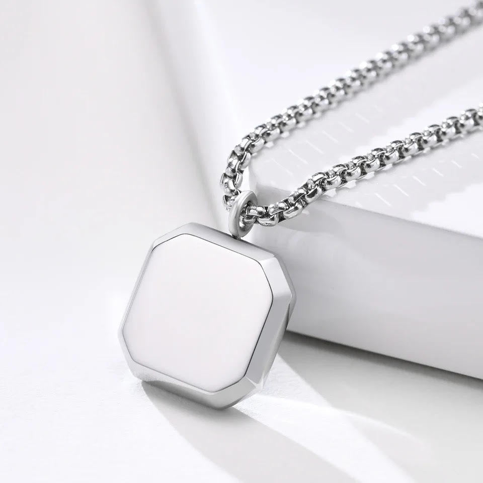 mens silver durable square pendant close up