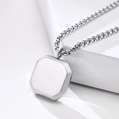 mens silver durable square pendant close up